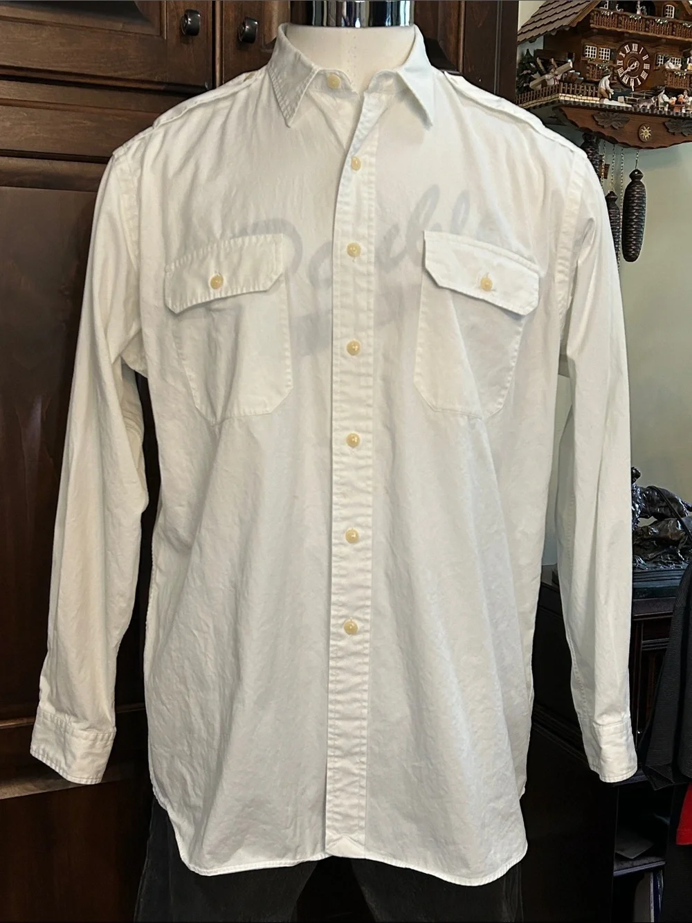 Polo Sz XL Classic Men's White Button-Down Shirt with Chest Pockets Epaulets